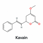 Molecular structure of kavain, a constituent of kava extract, with Kavain centred below.