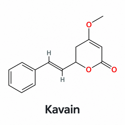 Molecular structure of kavain, a constituent of kava extract, with Kavain centred below.